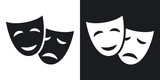 Vector theatrical masks icon. Two-tone version on black and white background