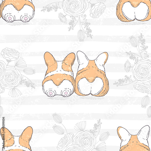 Seamless pattern with two cute hand drawn dogs breed welsh corgi pembroke. Romantic floral background