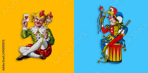 Dwa karciane joker w żółtym i niebieskim kwadracie © Wojciech