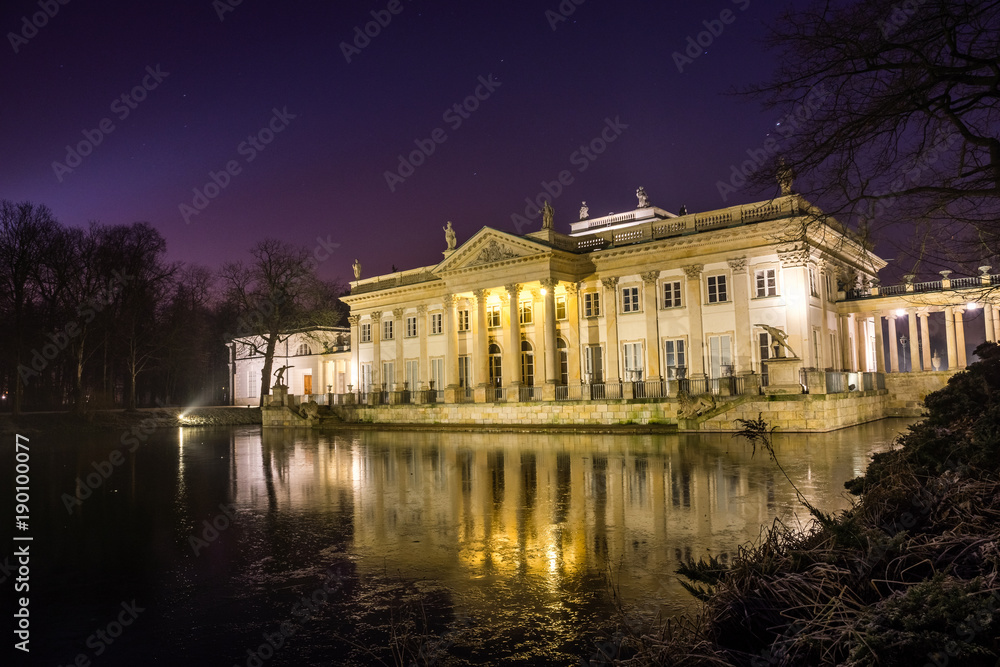 Royal Palace on the Water in Lazienki Park at night  in Warsaw, Poland