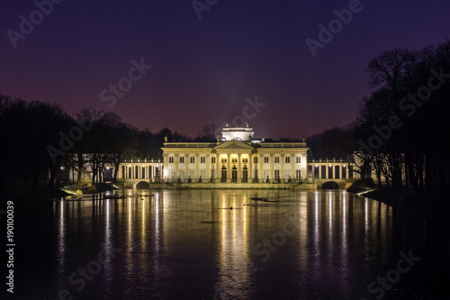 Royal Palace on the Water in Lazienki Park at night  in Warsaw, Poland