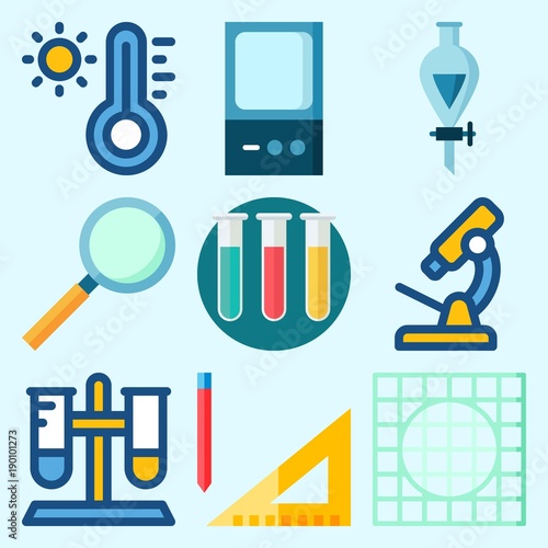 Icons set about Laboratory with thermometer, test tube, lab, test tubes, loupe and funnel