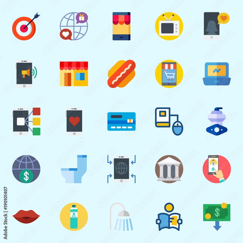 Icons set about Lifestyle with online education, credit card, online store, motor, shower and water