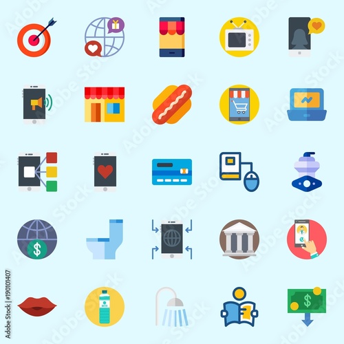 Icons set about Lifestyle with online education, credit card, online store, motor, shower and water