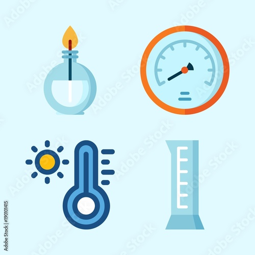 Icons set about Laboratory with cylinder, thermometer, velocity and burner