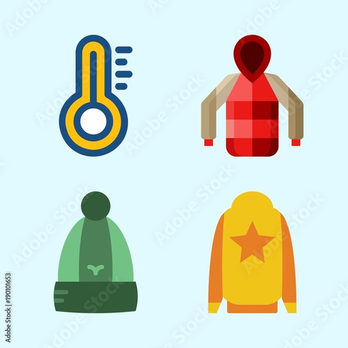 Icons set about Winter with thermometer, winter hat, parka and sweater