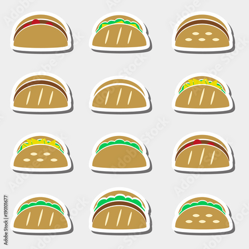 set of color tortilla tacos food stickers set eps10