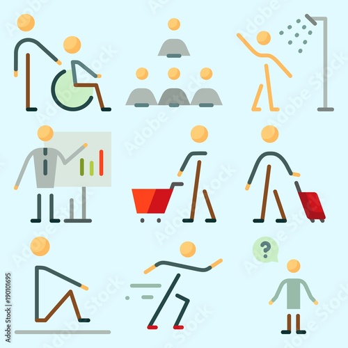 Icons set about Human with male, shopping, man, shower, humans and traveller