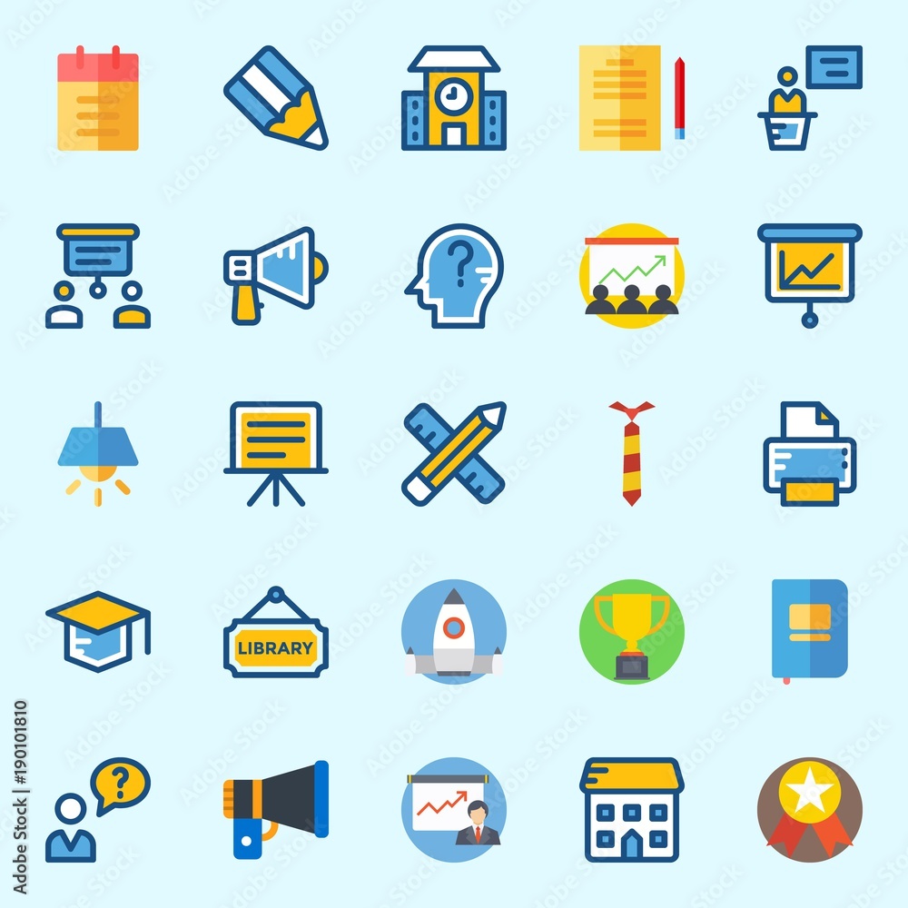 Icons set about School And Education with think, megaphone, medal, presentation, notebook and library