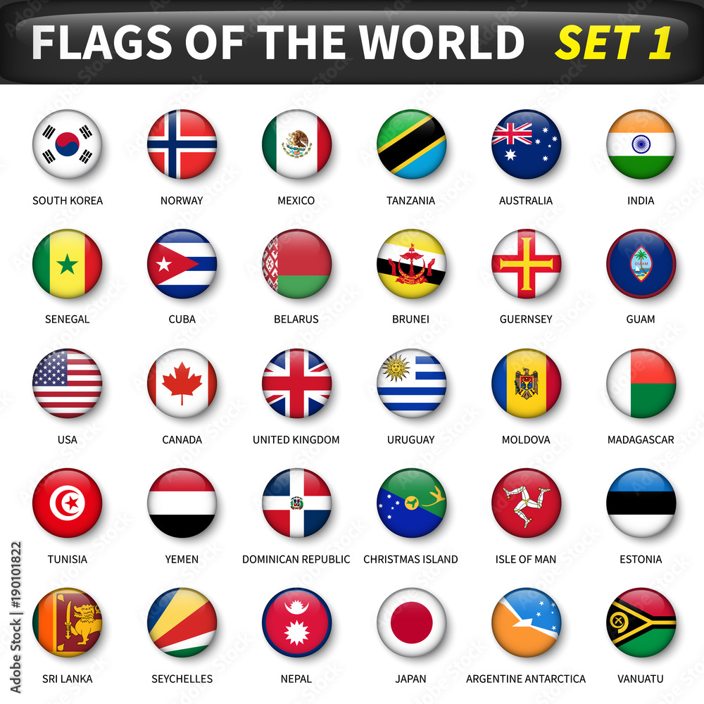 All flags of the world set 1 . Circle and convex design All flags of the world set 1 . Circle and convex design