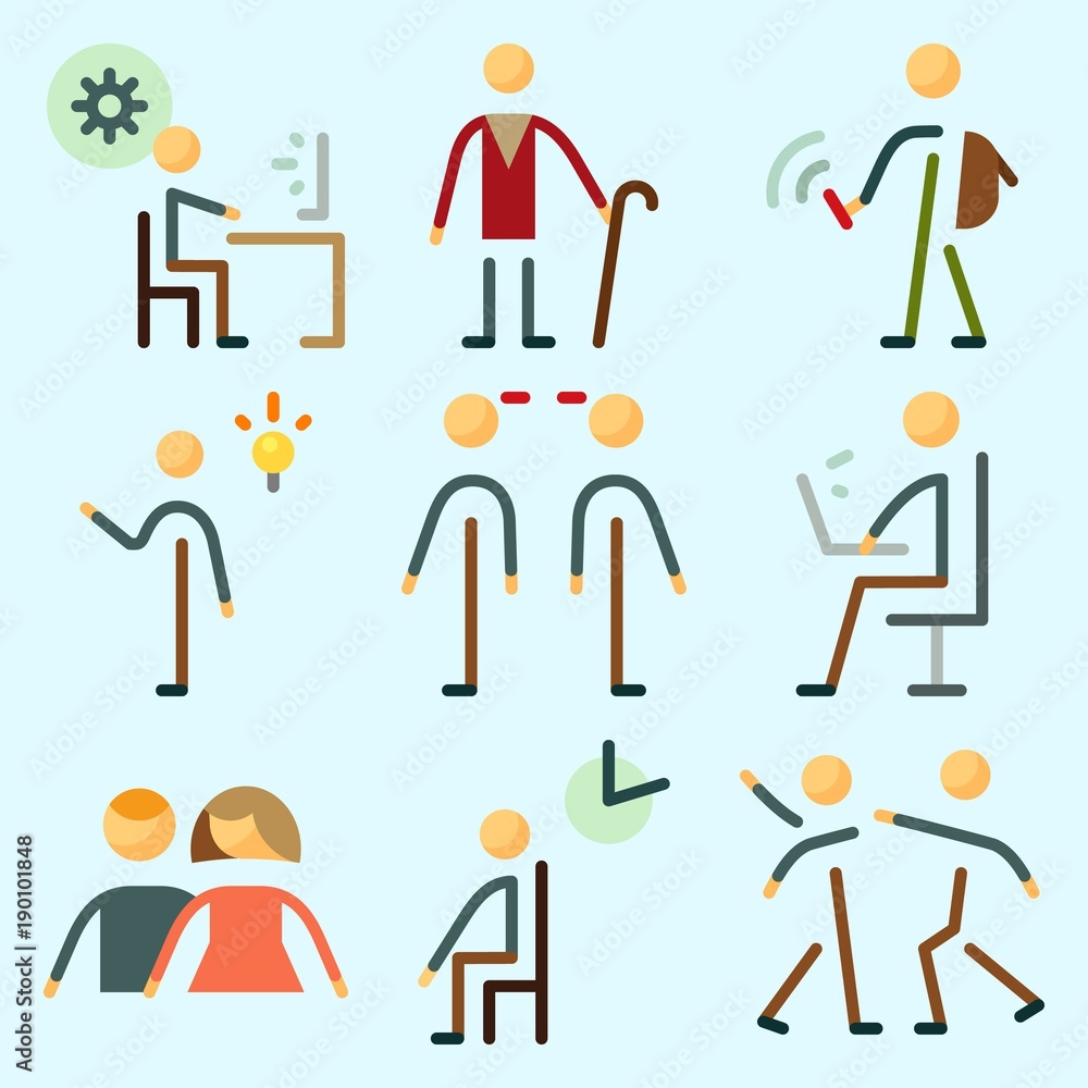 Icons set about Human with elder, waiting room, fight, programmer, men and aggressive