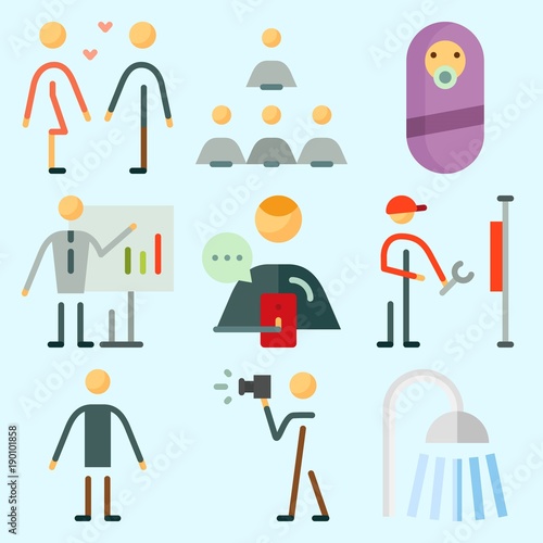 Icons set about Human with repereter, reperation, boyfriend , baby, shower and ceo