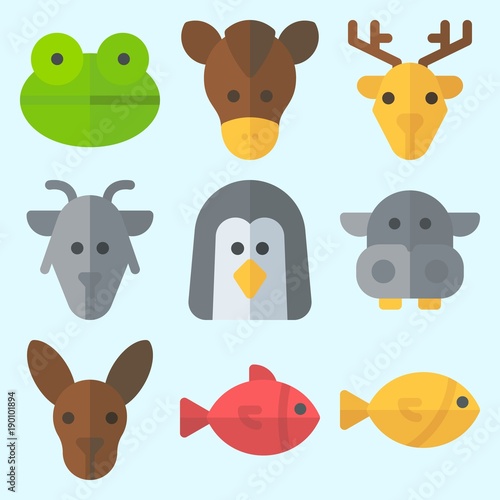 Icons set about Animals with goat, penguin, frog, deer, hippopatamus and fish