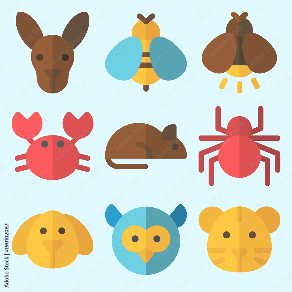 Icons set about Animals with spider, firefly, kangaroo, owl, tiger and rat