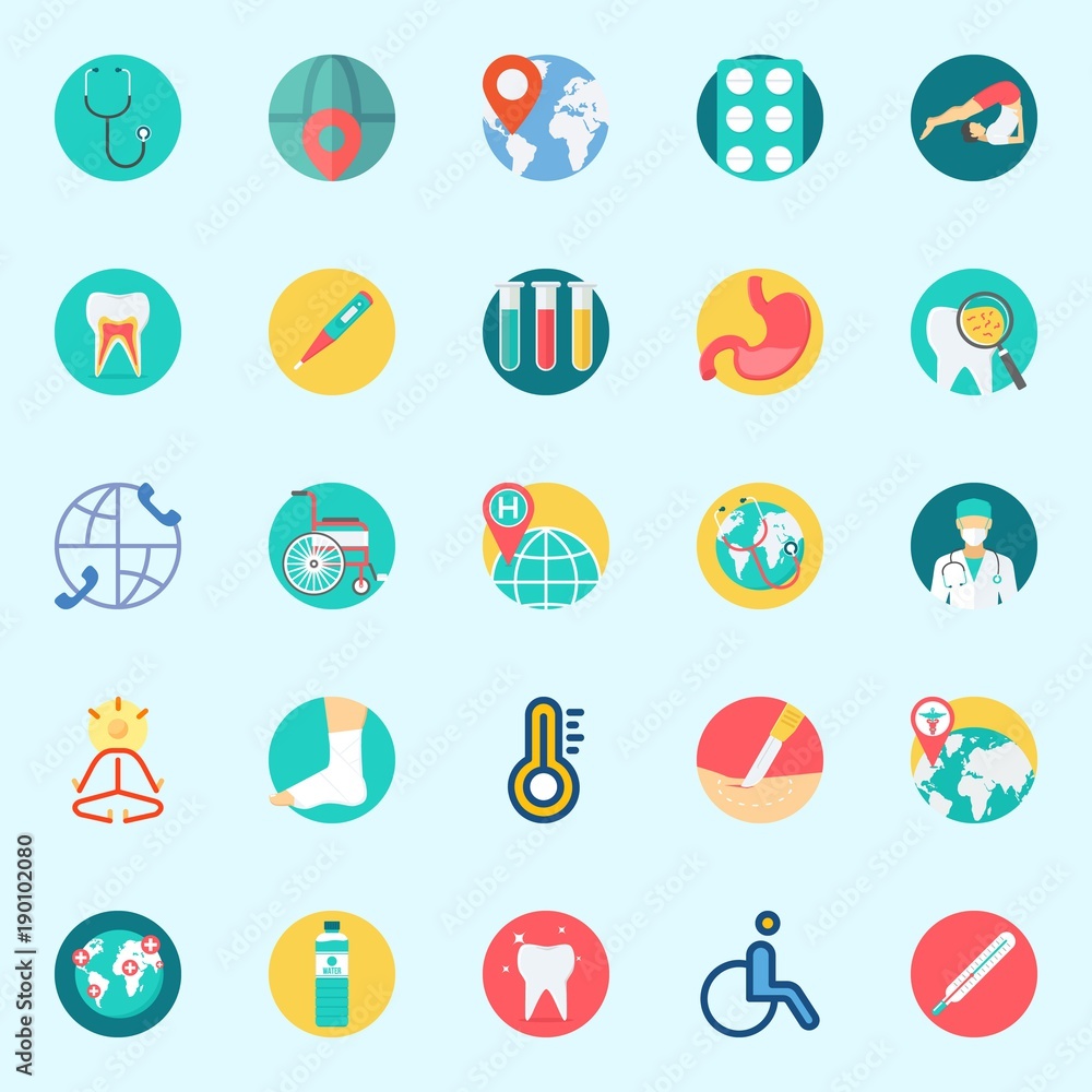 Icons set about Medical with sprain, teeth, worldwide, stomach, water and thermometer Icons set about Medical with sprain, teeth, worldwide, stomach, water and thermometer