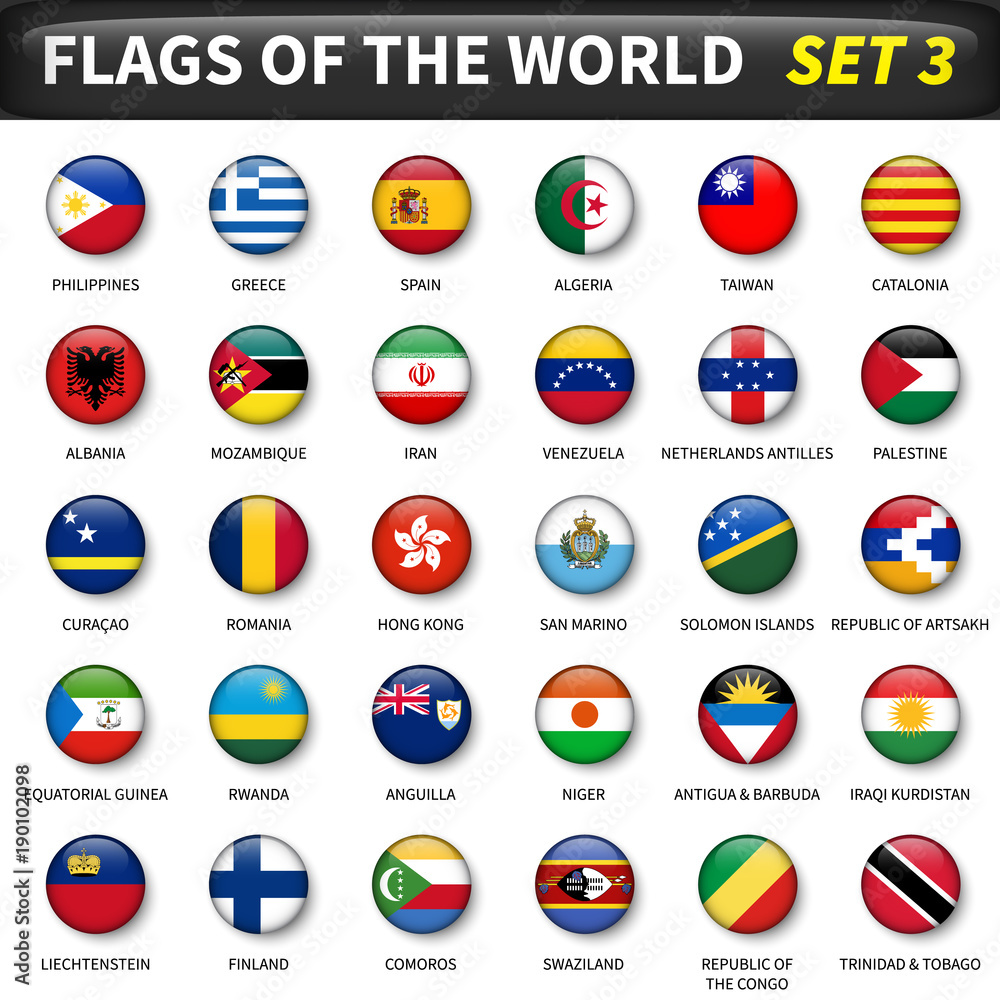 All flags of the world set 3 . Circle and convex design All flags of the world set 3 . Circle and convex design