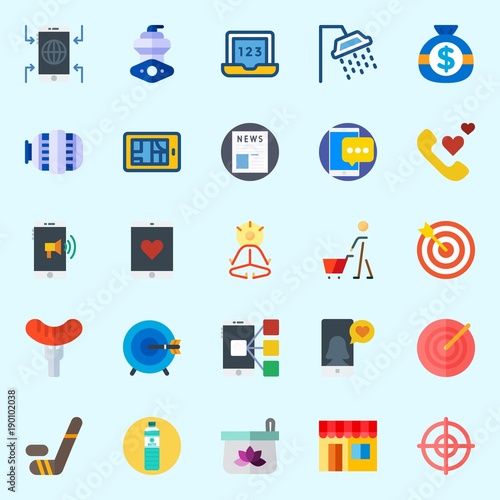 Icons set about Lifestyle with motor, yoga, newspaper, online store, target and hot dog