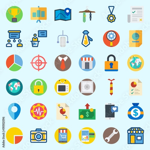 Icons set about Digital Marketing with medal, location, microphone, settings, padlock and presentation