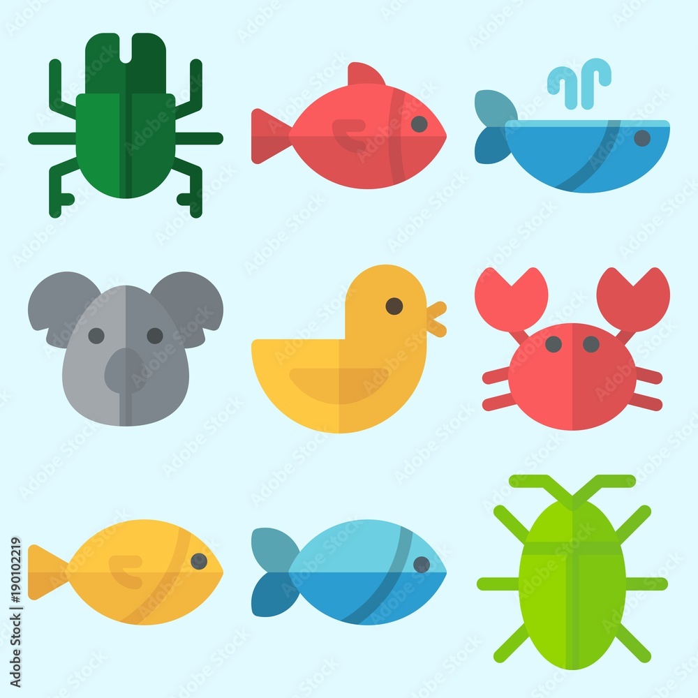 Fototapeta premium Icons set about Animals with koala, chicken, beetle, fish, cockroach and whale
