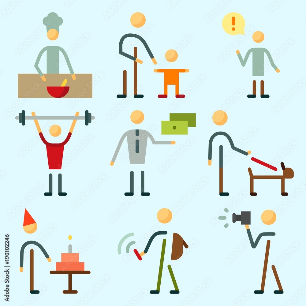 Icons set about Human with responsibility, student, father and son, cooker, man and chief Icons set about Human with responsibility, student, father and son, cooker, man and chief