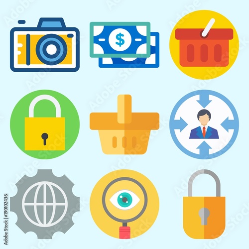 Icons set about Commerce with photo camera, money, padlock, search, target and shopping basket
