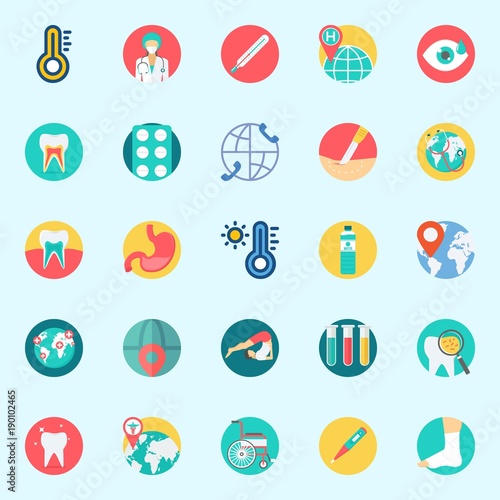 Icons set about Medical with wheelchair, teeth, surgery, test tubes, tablets and surgeon