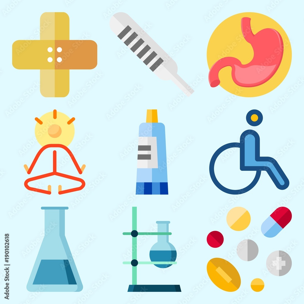Icons set about Medical with flask, test tube, pills, yoga, wheelchair and thermometer