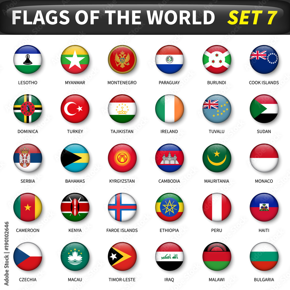 All flags of the world set 7 . Circle and convex design All flags of the world set 7 . Circle and convex design