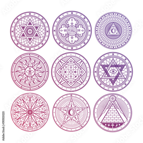 Bright mystery, witchcraft, occult, alchemy, mystical esoteric symbols isolated on white background