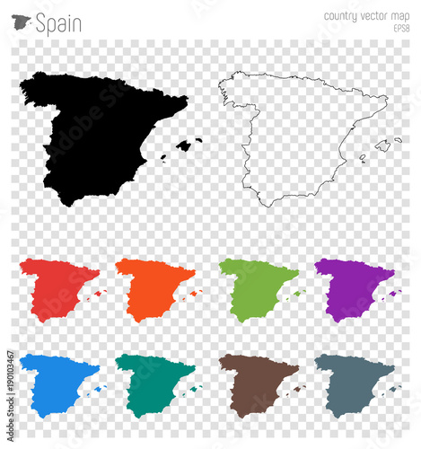 Spain high detailed map. Country silhouette icon. Isolated Spain black map outline. Vector illustration.