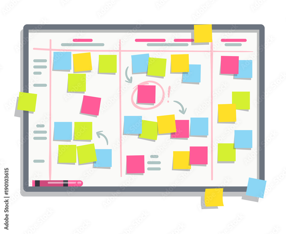 Process planning board with color sticky notes. Scrum task whiteboard flat  vector illustration Stock-Vektorgrafik | Adobe Stock