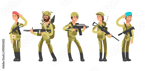 Us army cartoon man and woman soldiers in uniform. Military concept vector illustration