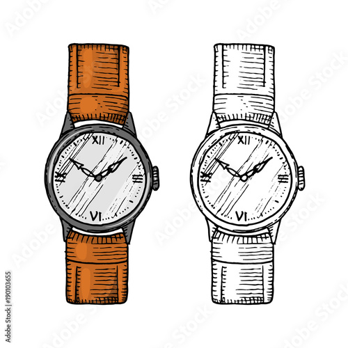 wristwatch or wristlet watch, classic man with bracelet. accessory for time tracking. victorian era. engraved hand drawn in old vintage sketch.