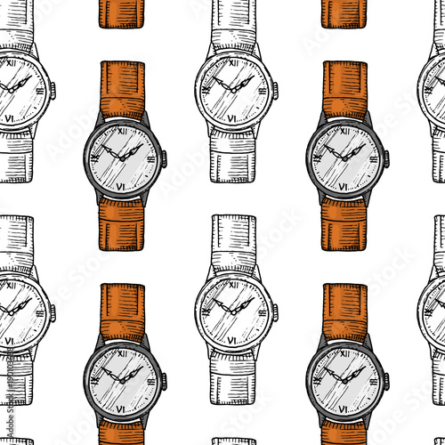 wristwatch seamless pattern or wristlet watch, classic man with bracelet. accessory for time tracking. victorian era. engraved hand drawn in old vintage sketch.