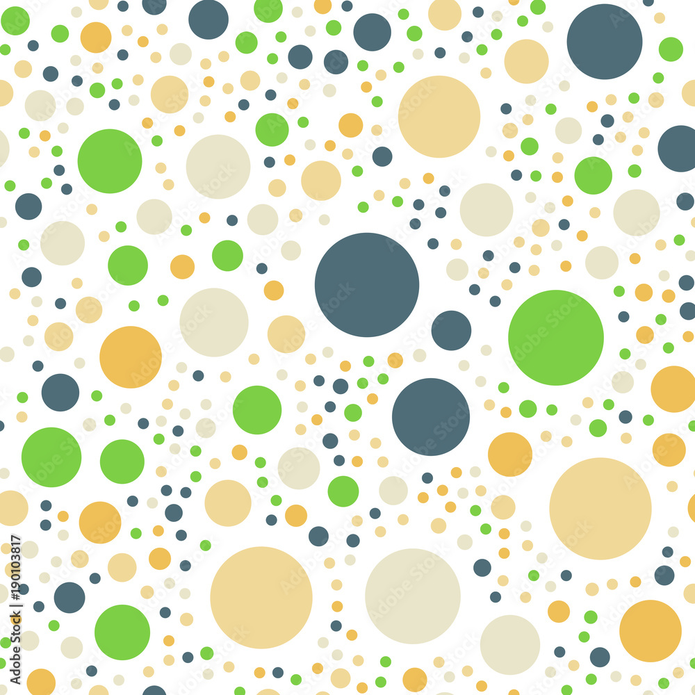 Colorful polka dots seamless pattern on white 13 background. Radiant classic colorful polka dots textile pattern. Seamless scattered confetti fall chaotic decor. Abstract vector illustration.