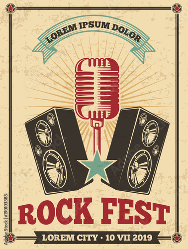 Rock festival vintage vector poster. Rock and roll concert retro background