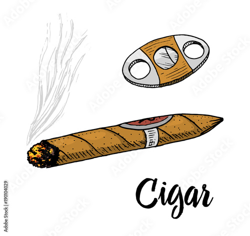 cigar or smoke, gentleman emblem. bad habit. classic cigarette. engraved hand drawn in old vintage sketch.