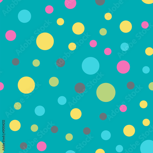 Colorful polka dots seamless pattern on bright 10 background. Glamorous classic colorful polka dots textile pattern. Seamless scattered confetti fall chaotic decor. Abstract vector illustration.