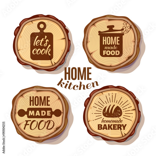 Retro kitchen cooking at home and handmade badges on saw cut tree trunks