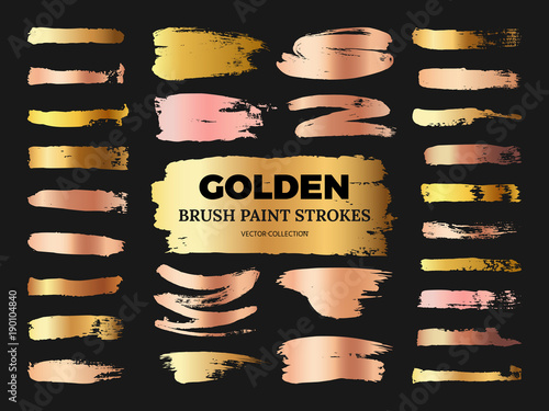 Hand drawn grunge rose and golden brush paint strokes vector collection isolated on black