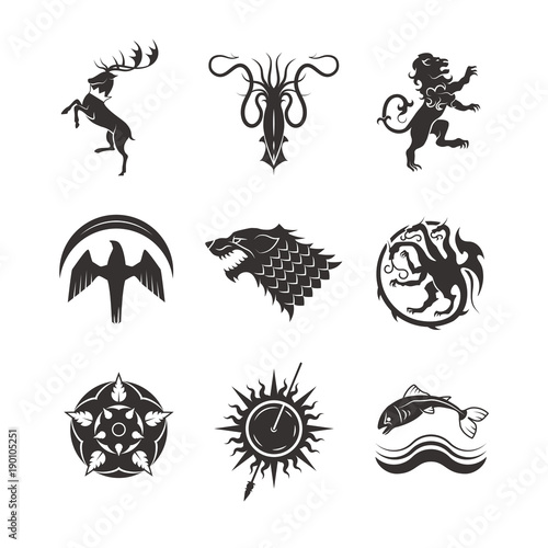 Great kingdoms houses gaming heraldic vector icons with line animals and throne symbols
