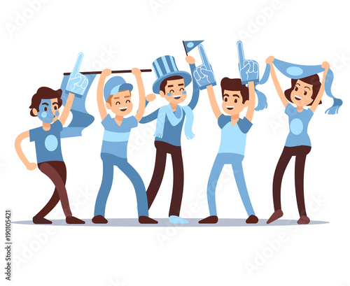 Cheering sports fans vector cartoon people characters. Sports team victory concept