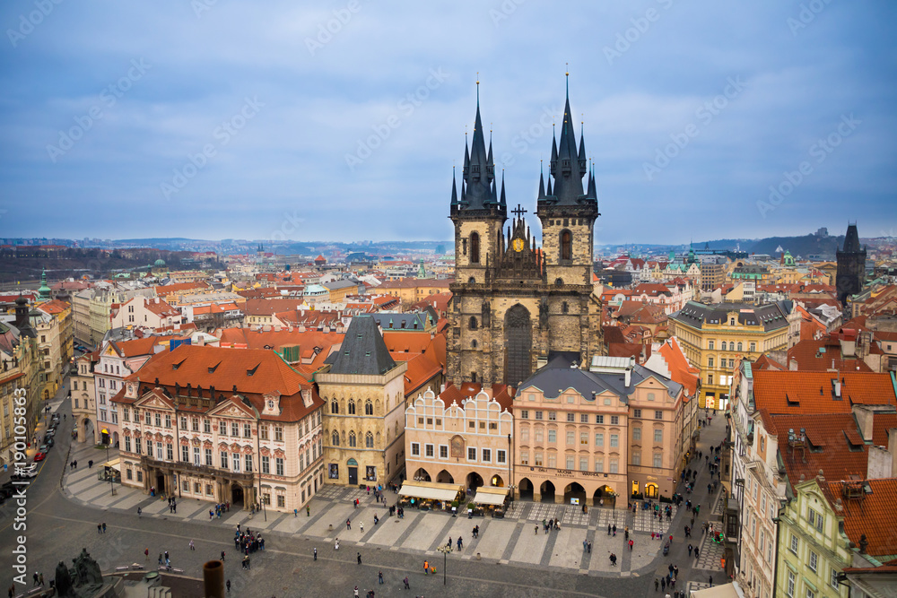Old Town Square and Church of Our Lady before Tyn in Prague in evening time, Czech Republic