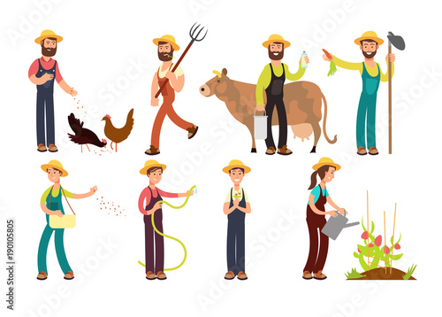 Cartoon farmer and gardeners with tools and farm animals vector characters set