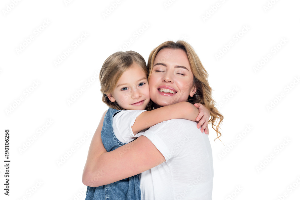cheerful mother and daughter hugging isolated on white cheerful mother and daughter hugging isolated on white