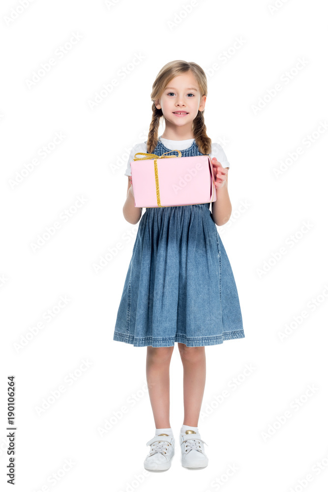 adorable child with pink gift box, isolated on white