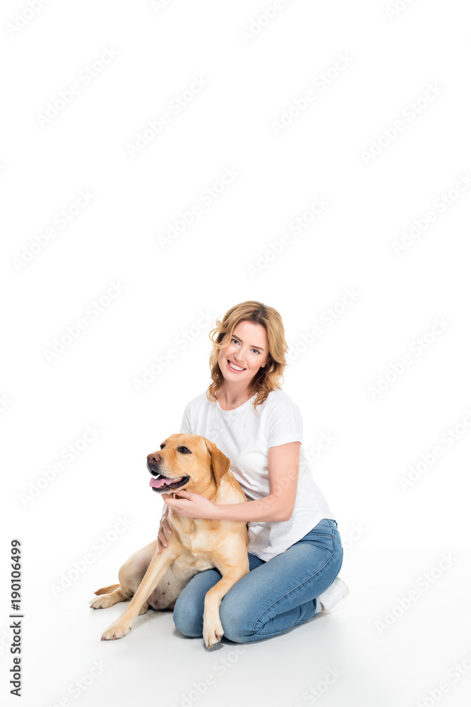 cheerful woman with golden retriever dog, isolated on white cheerful woman with golden retriever dog, isolated on white