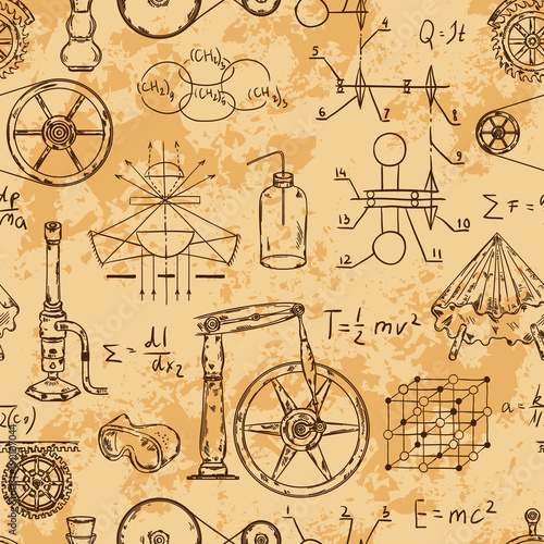 Seamless pattern with vintage science objects. Scientific equipment for physics and chemistry. Vector illustration