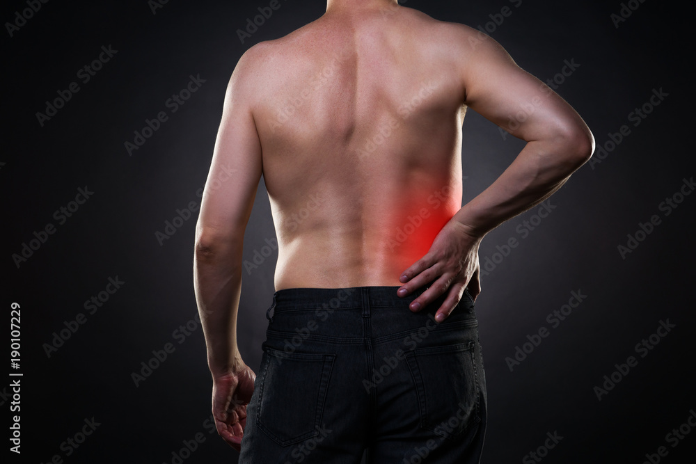 Fototapeta premium Back pain, kidney inflammation, ache in man's body