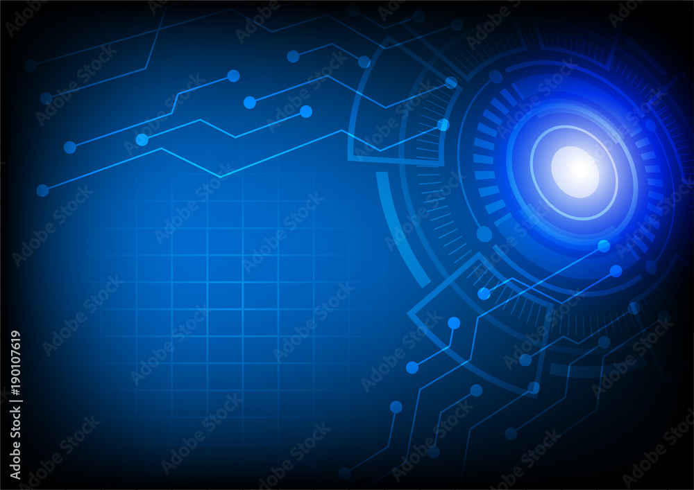 Futuristic interface with circuit lines and blue square grid